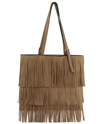 Western Fringe Shopper Flat Tote JY0390 TAUPE